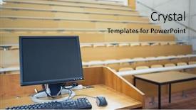  Presentation with lecture hall - Beautiful slides featuring view of computer monitor with empty wooden seats with tables in a lecture hall backdrop and a coral colored foreground
