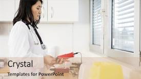  Presentation with doctor examining a newborn baby - Colorful theme enhanced with view of doctor examining blood backdrop and a coral colored foreground