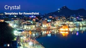  Presentation with ghats - Colorful presentation theme enhanced with view-of-famous-indian-hinduism backdrop and a ocean colored foreground