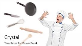  Presentation with kitchen utensils - Presentation design having view of flying kitchen utensils towards stunned chef isolated on white background background and a sky blue colored foreground