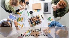  Presentation with mobile applications - Amazing PPT theme having view-of-four-young-creative backdrop and a coral colored foreground