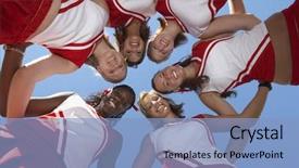  Presentation with huddle - Slide deck featuring view of happy multiethnic cheerleader background and a light blue colored foreground