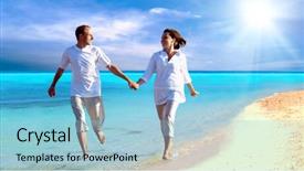  Presentation with young happy couple - PPT theme with view of happy young couple walking on the beach holding hands background and a light blue colored foreground