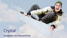  Presentation with snowboard - Cool new PPT theme with view of joyful young man holding snowboard jumping backdrop and a sky blue colored foreground