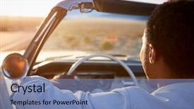  Presentation with classic car - Slide deck featuring view of man on road background and a teal colored foreground