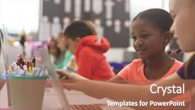  Presentation with school kids - Slide deck enhanced with view of mixte ethnicity school background and a coral colored foreground