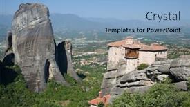  Presentation with monastery - PPT theme featuring view of monastery roussanou rock pinnacles and valley of the meteora greece background and a light blue colored foreground