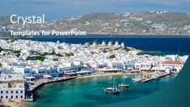  Presentation with greek islands - Cool new slide deck with view-of-mykonos-town-greek backdrop and a teal colored foreground