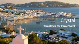  Presentation with holiday destination - Colorful slide set enhanced with view-of-mykonos-town-greek backdrop and a ocean colored foreground
