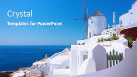  Presentation with old windmill - PPT theme enhanced with view-of-oia-town background and a teal colored foreground
