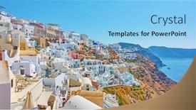  Presentation with santorini - Presentation design featuring view-of-oia-town background and a light blue colored foreground