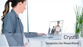  Presentation with video conferencing - Colorful presentation theme enhanced with view of pregnant businesswoman video backdrop and a light blue colored foreground