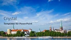  Presentation with peter - Beautiful PPT theme featuring peter's church riga latvia backdrop and a light blue colored foreground