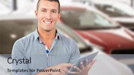  Presentation with tablets wood table tablet white - Beautiful presentation theme featuring view of row new car backdrop and a light gray colored foreground