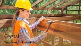  Presentation with construction site construction - PPT layouts featuring view of smiling female construction background and a gold colored foreground