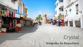  Presentation with street - Beautiful slide deck featuring view-of-street-in-sousse backdrop and a light gray colored foreground