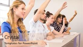  Presentation with group of students raising hands - Theme with view of students raising hands background and a  colored foreground