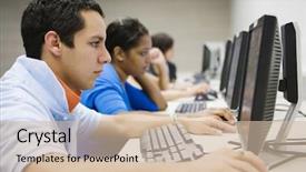  Presentation with of a computer lab - Slides enhanced with view of students using computer background and a soft green colored foreground