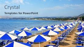  Presentation with island resort - PPT theme consisting of view of sunbeds awaiting tourists at the greek island resort of georgioupolis on crete's north coast background and a light blue colored foreground