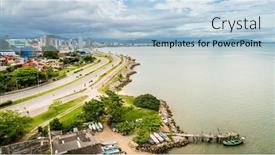  Presentation with city - PPT theme enhanced with view-of-the-coastline background and a light blue colored foreground