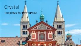  Presentation with prague - Presentation theme with view of the top of old buildings with red roof and blue sky at prague city czech republic background and a light blue colored foreground