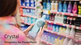  Presentation with supermarket - PPT theme featuring view of woman holding detergent background and a coral colored foreground