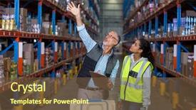  Presentation with warehouse - Colorful PPT layouts enhanced with view of workers are looking shelves and talking in a warehouse backdrop and a tawny brown colored foreground