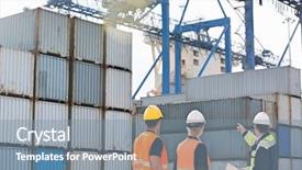  Presentation with cargo ship big container - Theme enhanced with view of workers inspecting cargo background and a  colored foreground