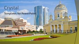  Presentation with business hotel - Presentation design enhanced with view-of-yekaterinburg-city-cathedral background and a light blue colored foreground