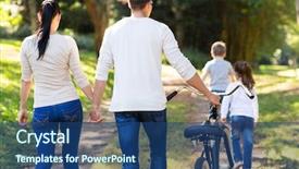  Presentation with walking - PPT theme having view of young family walk background and a ocean colored foreground