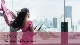  Presentation with indian woman - Audience pleasing PPT layouts consisting of view of young indian woman backdrop and a violet colored foreground