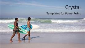  Presentation with virile young men - Presentation theme having view of young multi-ethnic background and a light blue colored foreground