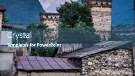  Presentation with towers - Beautiful presentation theme featuring view on historical defensive towers in mestia snow-capped top of mountain on the background backdrop and a ocean colored foreground