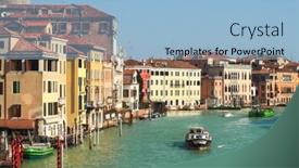  Presentation with motor - Presentation theme with view on motor boat on city canal passing by old historic multicolored houses in venice italy background and a light blue colored foreground