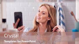  Presentation with cabinet - PPT theme having view-through-bathroom-cabinet background and a coral colored foreground