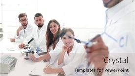  Presentation with scientist - Presentation design consisting of scientist makes a report background and a coral colored foreground