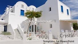  Presentation with pension - PPT layouts featuring view to most typical kind of luxury pension building in oia santorini greece background and a light gray colored foreground