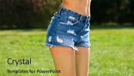  Presentation with women body - Amazing PPT layouts having view torn blue jeans short backdrop and a yellow colored foreground