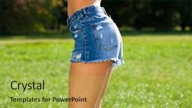  Presentation with women body - PPT layouts enhanced with view torn blue jeans short background and a yellow colored foreground