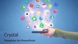  Presentation with mobile application - PPT theme enhanced with view with digital application logo background and a teal colored foreground