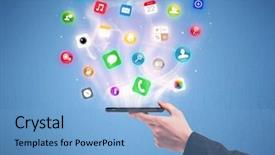  Presentation with mobile application - Cool new slides with view with digital application logo backdrop and a light blue colored foreground