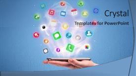  Presentation with mobile application - Presentation design consisting of view with digital application logo background and a teal colored foreground