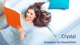  Presentation with art literature - Cool new theme with young woman reading art literature backdrop and a sky blue colored foreground