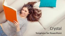  Presentation with art literature - Colorful PPT layouts enhanced with young woman reading art literature backdrop and a soft green colored foreground