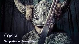  Presentation with sword - Presentation theme featuring death history - sword viking warrior with helmet background and a navy blue colored foreground