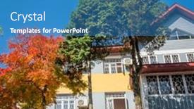  Presentation with villa - Amazing PPT layouts having villa-at-autumn-with-trees backdrop and a teal colored foreground