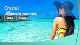 Presentation with beautiful fresh leaves water drops - Beautiful PPT layouts featuring villa at maldives island travel backdrop and a teal colored foreground