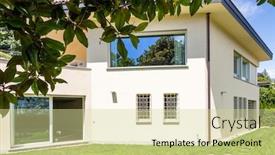  Presentation with villa - Presentation design featuring villa with large garden during a summer day nobody inside background and a soft green colored foreground