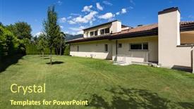 Presentation with villa - Amazing presentation design having villa with large garden during a summer day nobody inside backdrop and a tawny brown colored foreground