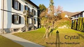  Presentation with ancient water well - Beautiful slide deck featuring villa with well-kept garden backdrop and a gold colored foreground